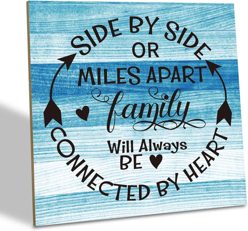 SUSZDOU Family Sign, “Side by Side or Miles Apart, Family Will Always Be Connected by Heart”, Wooden Plaque Table Art Sign 6.2x6.2 Inch, Farmhouse Room Decor, Long Distance Gift for Loved Ones B - Image 1
